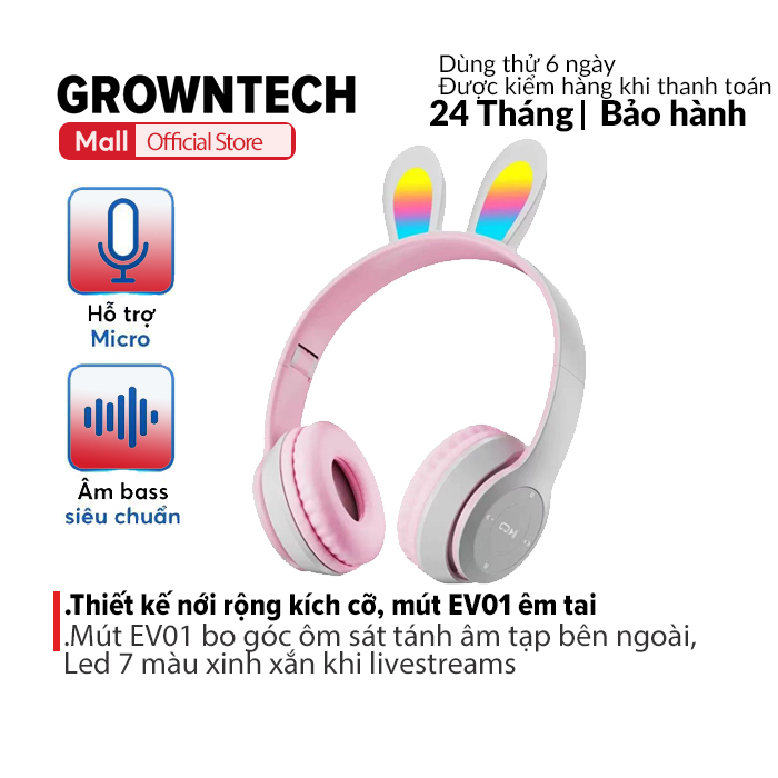Tai nghe over-ear bluetooth P47R tai thỏ GROWNTECH có thể gập lại đèn led 7 màu dễ thương có đệm tai nghe bảo hành 2 năm