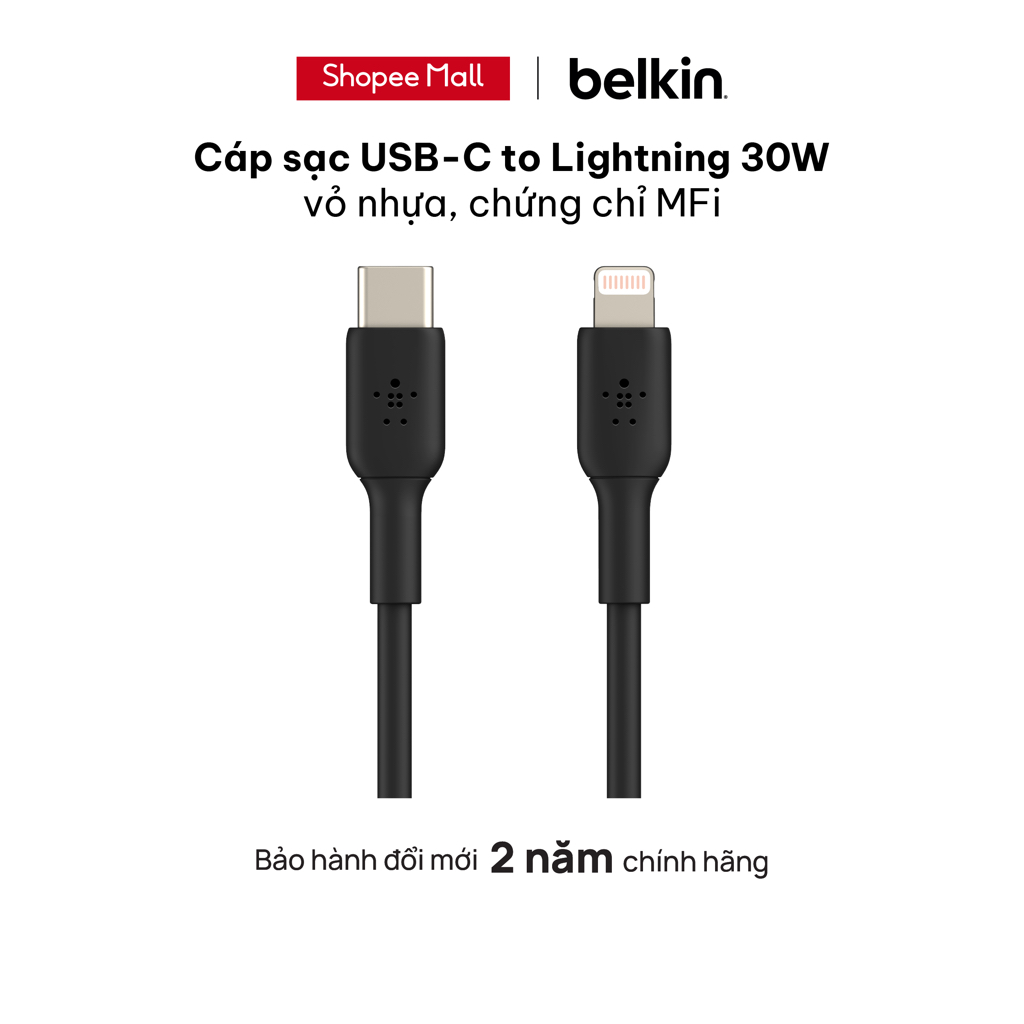 Cáp sạc nhanh USB-C to Lightning BOOST CHARGE Belkin 30W vỏ nhựa, chứng chỉ MFi - Hàng chính hãng