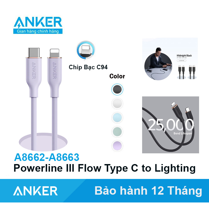 Cáp sạc nhanh ANKER 20W PowerLine III Flow Type C to Lighting cho IP ...