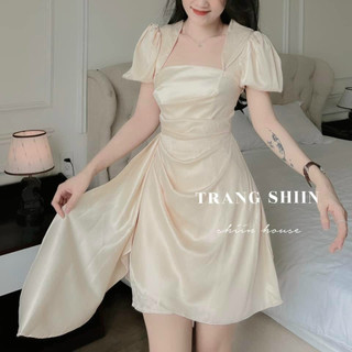 Đầm nữ thời trang mặc đi chơi chất Tapta cổ vuông tay ngắn váy chữ A phối chéo tà dễ thương
