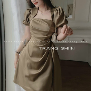Đầm nữ thời trang mặc đi chơi chất Tapta cổ vuông tay ngắn váy chữ A phối chéo tà dễ thương