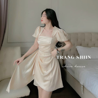 Đầm nữ thời trang mặc đi chơi chất Tapta cổ vuông tay ngắn váy chữ A phối chéo tà dễ thương