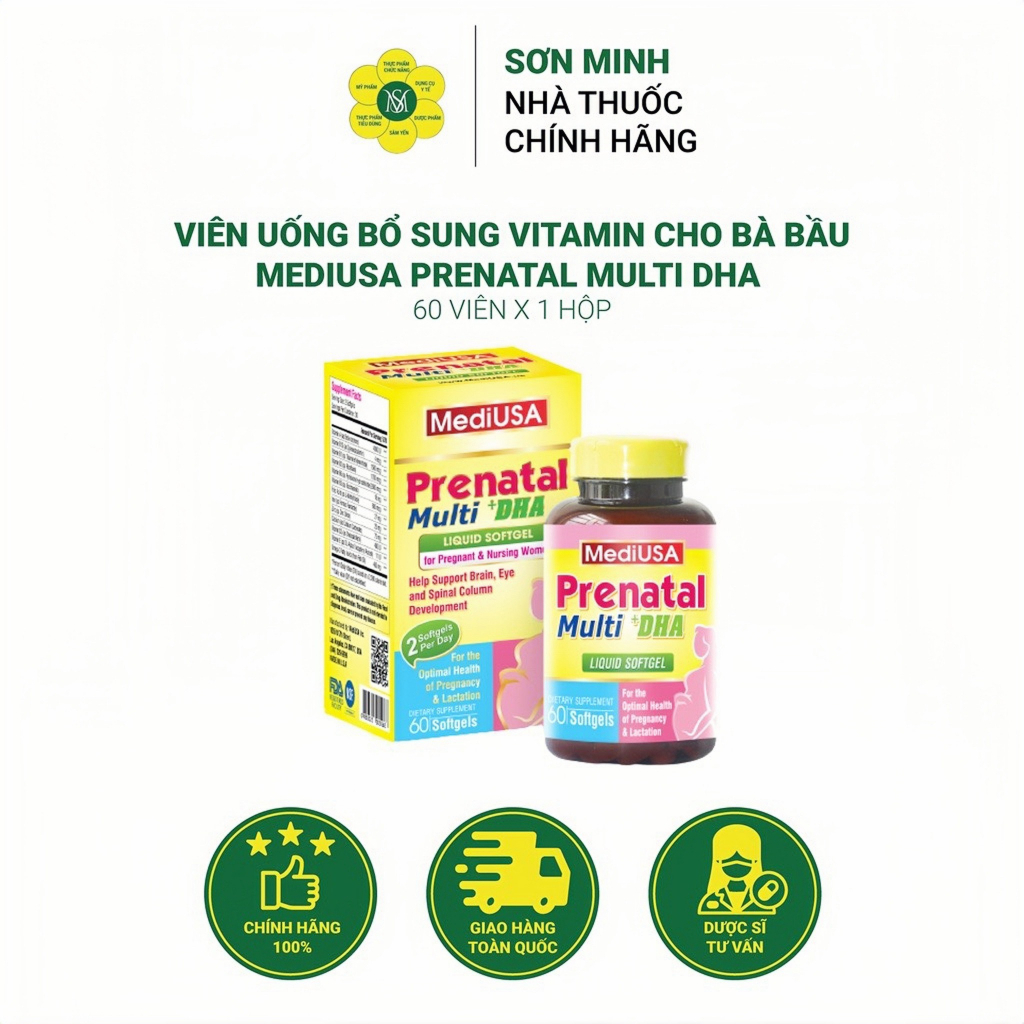Viên uống bổ sung vitamin cho mẹ bầu MediUSA Prenatal Multi DHA hộp 60