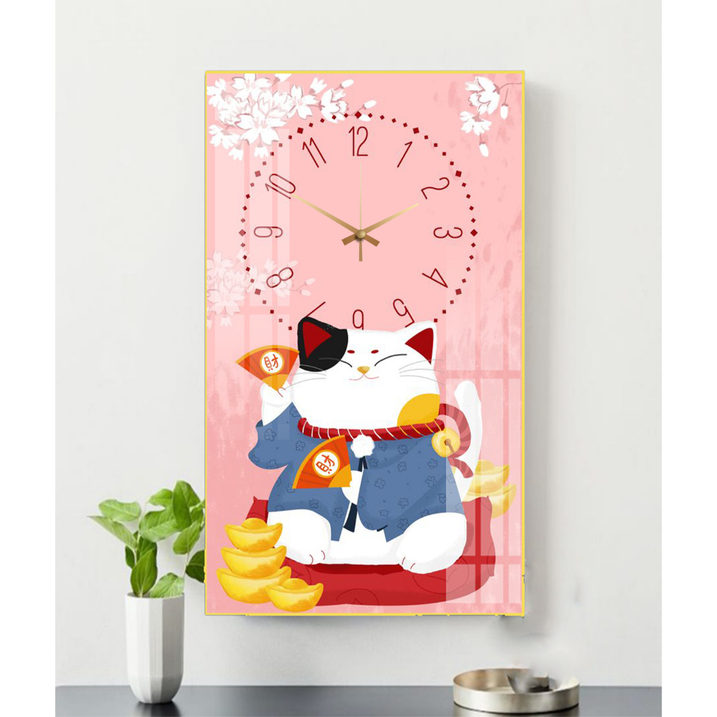 Tranh Treo Tường Đồng Hồ Mèo May Mắn