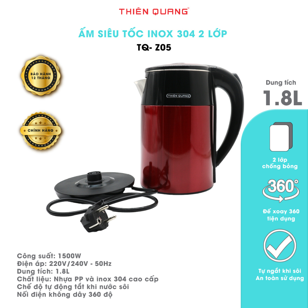Bình Đun Siêu Tốc, Ấm Đun Siêu Tốc giữ nhiệt cao câp Thiên Quang, inox 304 cao cấp, dung tích 1.8L, công suất lớn 1500W