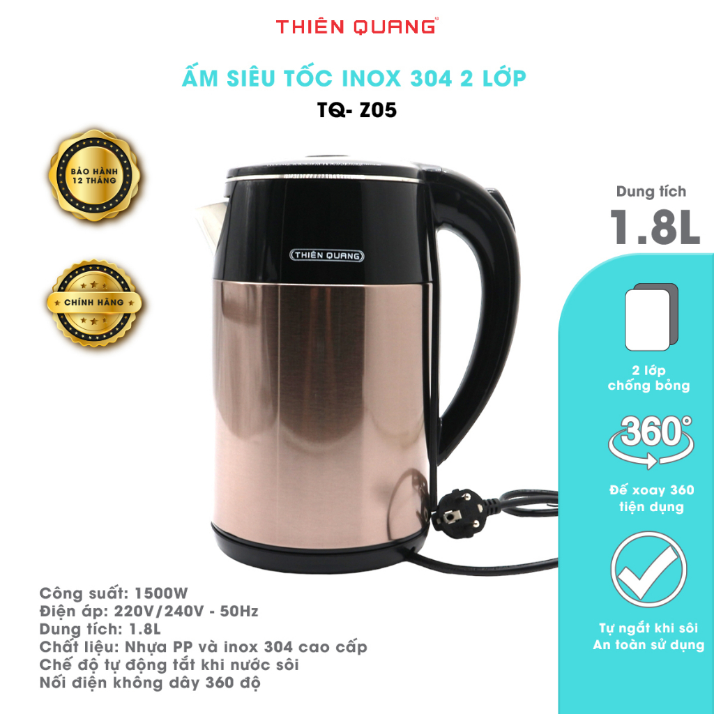 Bình Đun Siêu Tốc, Ấm Đun Siêu Tốc giữ nhiệt cao câp Thiên Quang, inox 304 cao cấp, dung tích 1.8L, công suất lớn 1500W