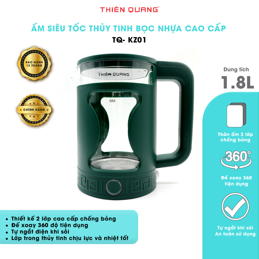 Ấm Đun Siêu Tốc Thủy Tinh Giữ Nhiệt Cao Cấp Thiên Quang, bọc nhựa & inox 304 cao cấp,2.0L