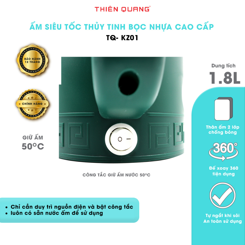 Ấm Đun Siêu Tốc Thủy Tinh Giữ Nhiệt Cao Cấp Thiên Quang, bọc nhựa & inox 304 cao cấp,2.0L