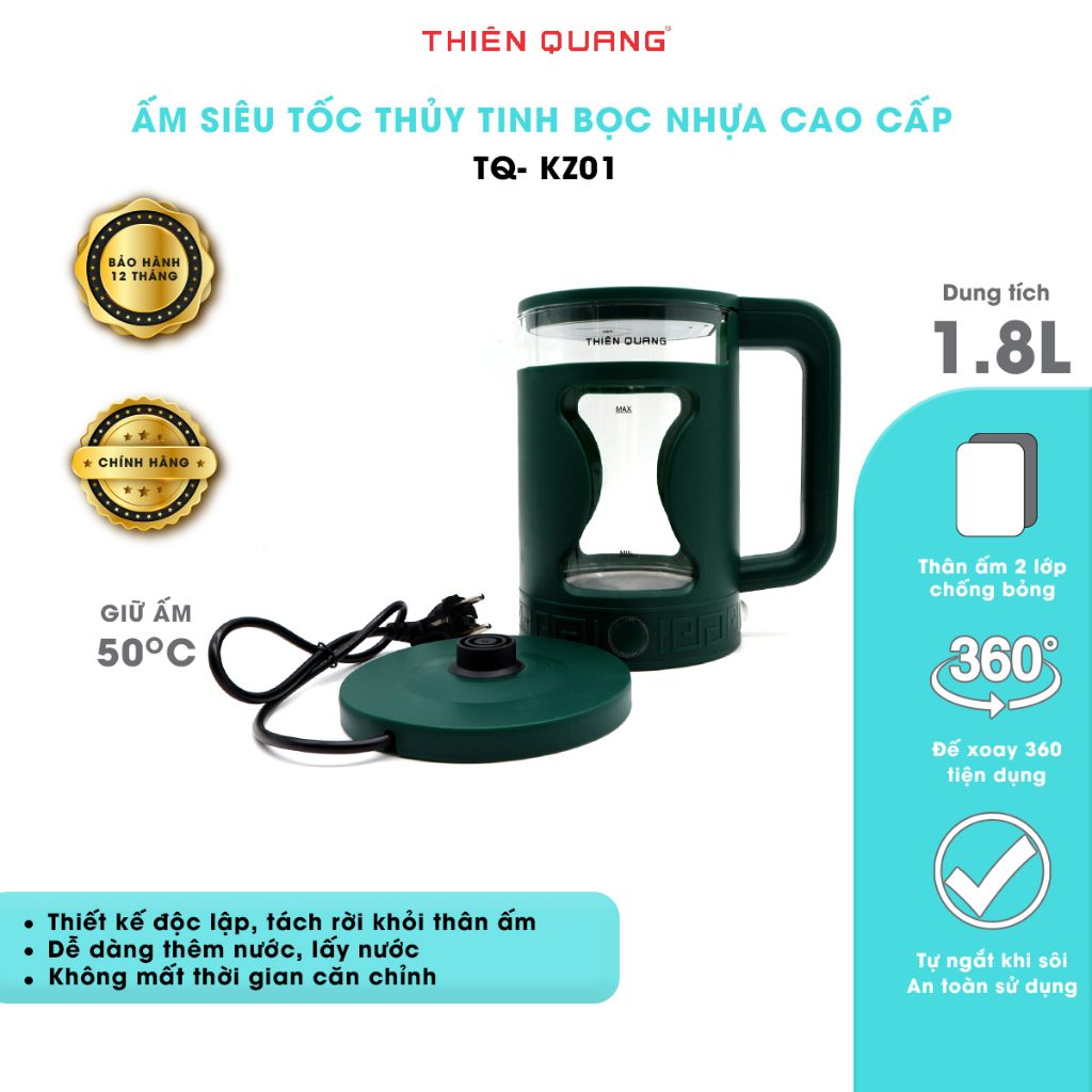 Ấm Đun Siêu Tốc Thủy Tinh Giữ Nhiệt Cao Cấp Thiên Quang, bọc nhựa & inox 304 cao cấp,2.0L