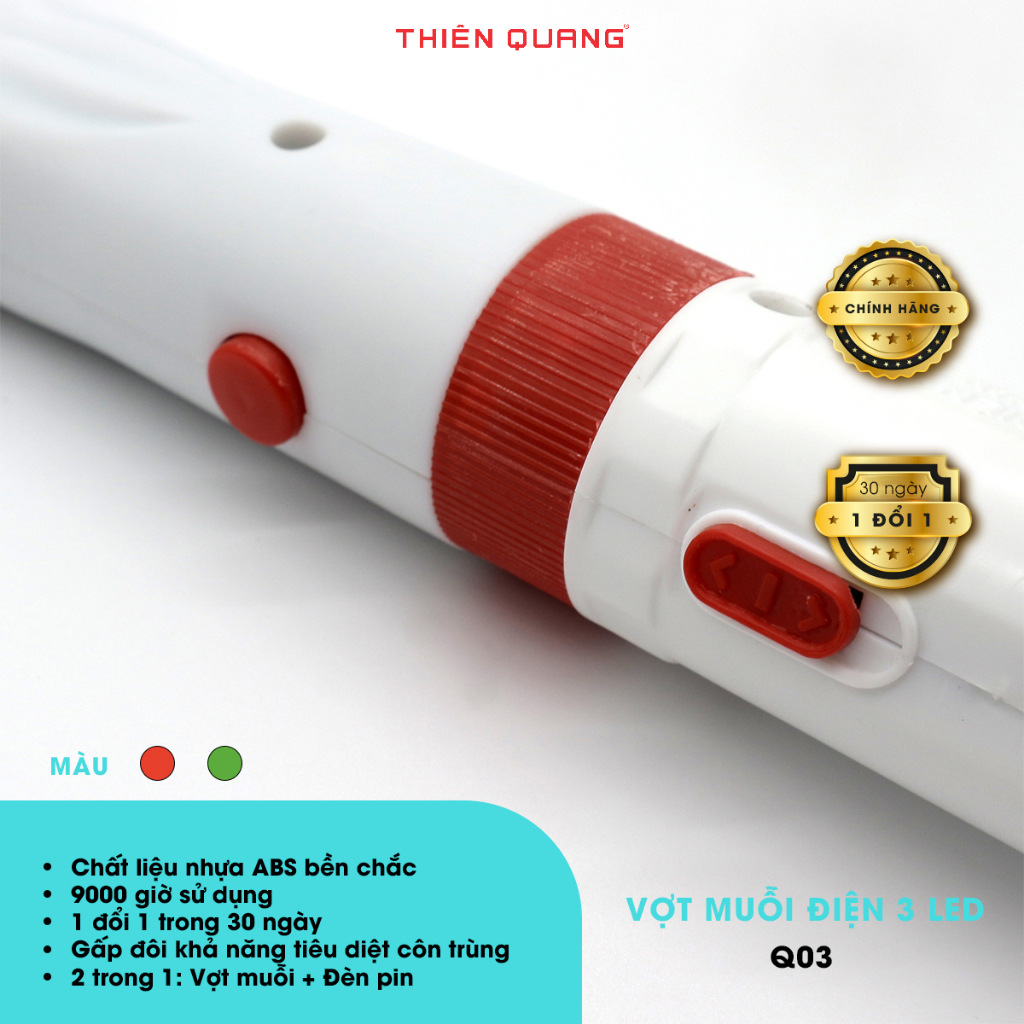 Vợt muỗi thông minh 3 in 1 Thiên Quang 3 LED nhựa ABS siêu bền, tích hợp đèn pin