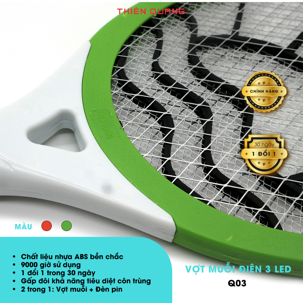 Vợt muỗi thông minh 3 in 1 Thiên Quang 3 LED nhựa ABS siêu bền, tích hợp đèn pin