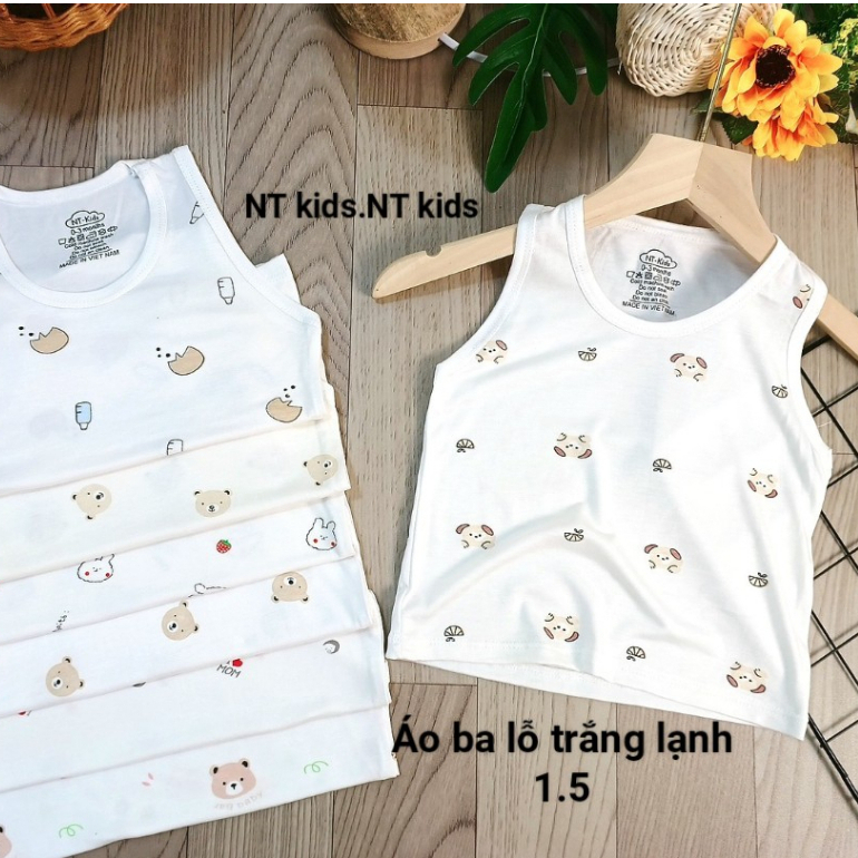 Áo ba lỗ chất thun lạnh nền trắng họa tiết thú đáng yêu cho bé từ 4-14kg mesocshop