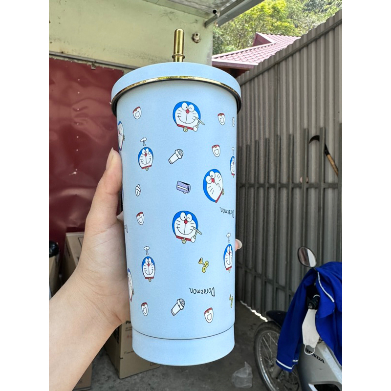 Ly giữ nhiệt 500ml hình gấu dâu chất liệu inox cao cấp  304 kèm ống hút inox