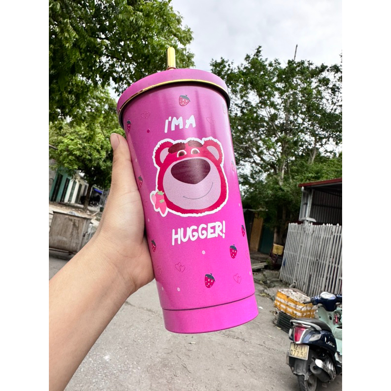 Ly giữ nhiệt 500ml hình gấu dâu chất liệu inox cao cấp  304 kèm ống hút inox
