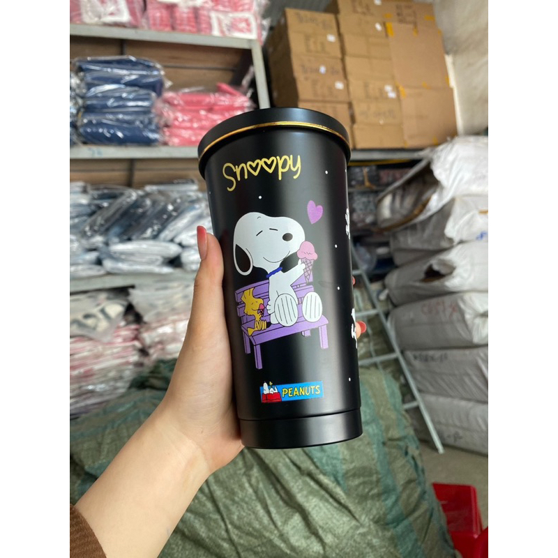 Ly giữ nhiệt 500ml hình gấu dâu chất liệu inox cao cấp  304 kèm ống hút inox