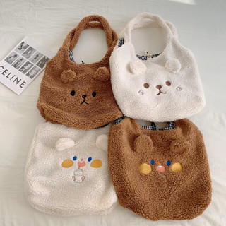 MEOWU Túi tote Hàn Quốc chất lông nhung mềm mại dày dặn hoạt hình gấu thỏ cỡ lớn vải lót chắc chắn và có nút gài