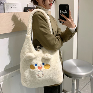 MEOWU Túi tote Hàn Quốc chất lông nhung mềm mại dày dặn hoạt hình gấu thỏ cỡ lớn vải lót chắc chắn và có nút gài