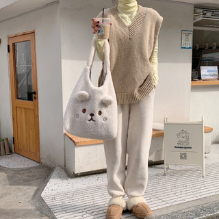 MEOWU Túi tote Hàn Quốc chất lông nhung mềm mại dày dặn hoạt hình gấu thỏ cỡ lớn vải lót chắc chắn và có nút gài