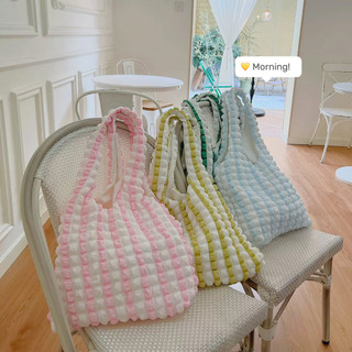 MEOWU Túi tote Hàn Quốc xốp ô vuông màu trơn sọc màu dễ thương vải dày dặn 2 lớp