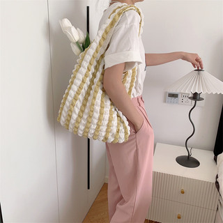MEOWU Túi tote Hàn Quốc xốp ô vuông màu trơn sọc màu dễ thương vải dày dặn 2 lớp