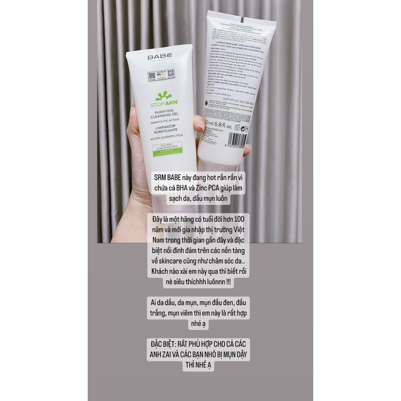 SỮA RỬA MẶT BABE STOP AKN PURIFYING CLEANSING GEL 200ML