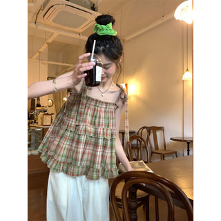 Áo Hai Dây Kẻ Caro Xanh Chun Ngực Buộc Nơ Vai Điều Chỉnh Áo 2s Tiểu Thư Kẻ Xanh Viền Bèo Tầng Siêu Xinh
