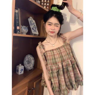 Áo Hai Dây Kẻ Caro Xanh Chun Ngực Buộc Nơ Vai Điều Chỉnh Áo 2s Tiểu Thư Kẻ Xanh Viền Bèo Tầng Siêu Xinh