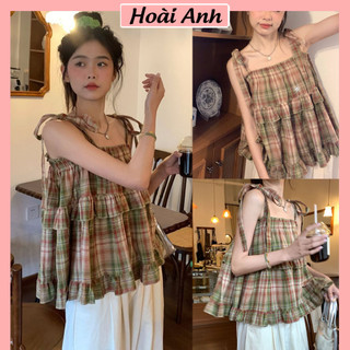 Áo Hai Dây Kẻ Caro Xanh Chun Ngực Buộc Nơ Vai Điều Chỉnh Áo 2s Tiểu Thư Kẻ Xanh Viền Bèo Tầng Siêu Xinh