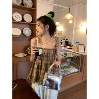 Áo Hai Dây Kẻ Caro Xanh Chun Ngực Buộc Nơ Vai Điều Chỉnh Áo 2s Tiểu Thư Kẻ Xanh Viền Bèo Tầng Siêu Xinh