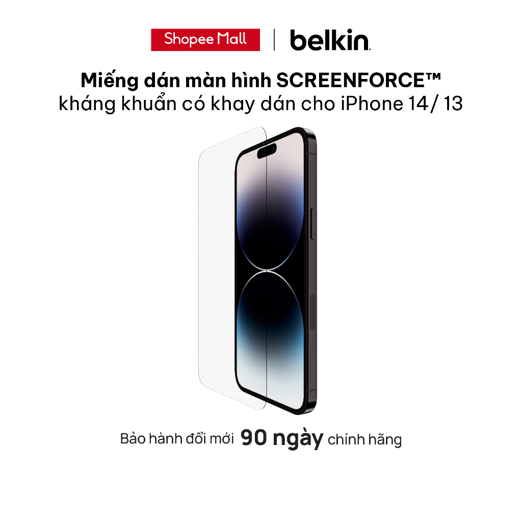 Miếng dán màn hình SCREENFORCE™ Belkin kháng khuẩn có khay dán cho iPhone 14/ 13 Series