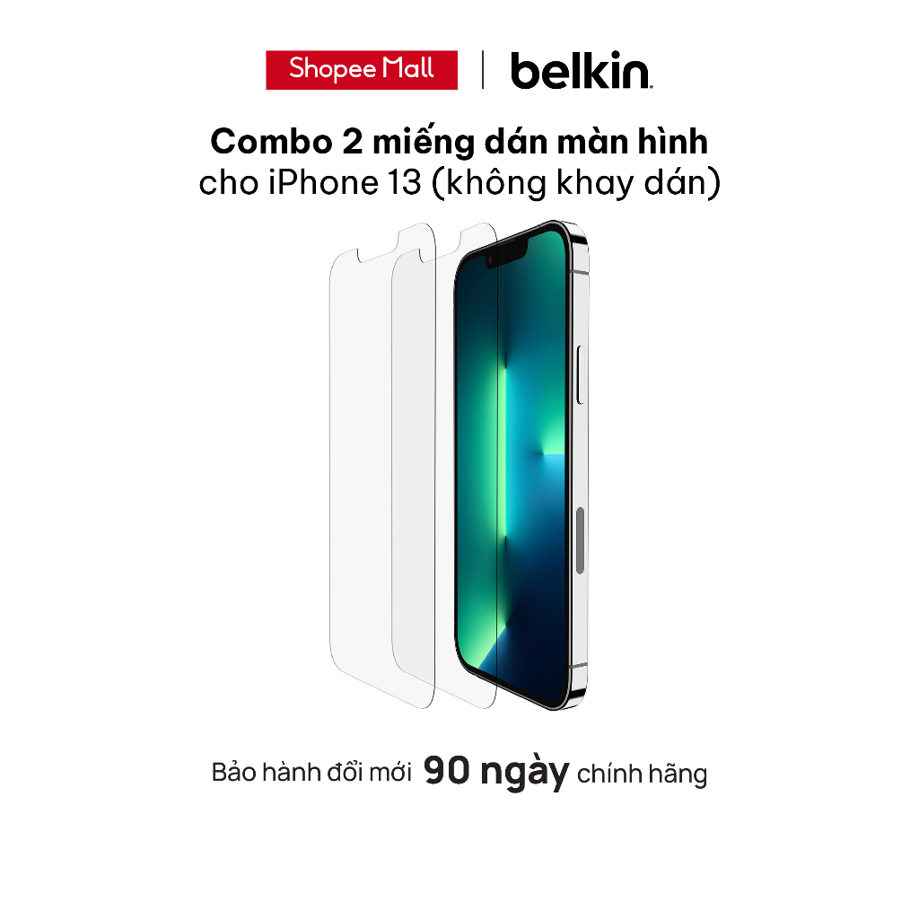 Combo 2 miếng dán màn hình Belkin cho iPhone 13 (không khay dán) - Hàng chính hãng