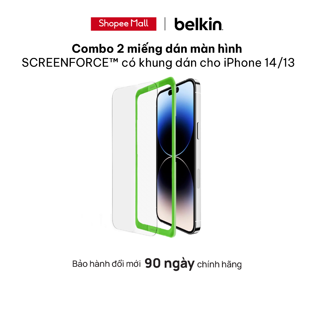 Combo 2 miếng dán màn hình SCREENFORCE™ TemperedGlass Belkin có khung dán cho iPhone 14/13
