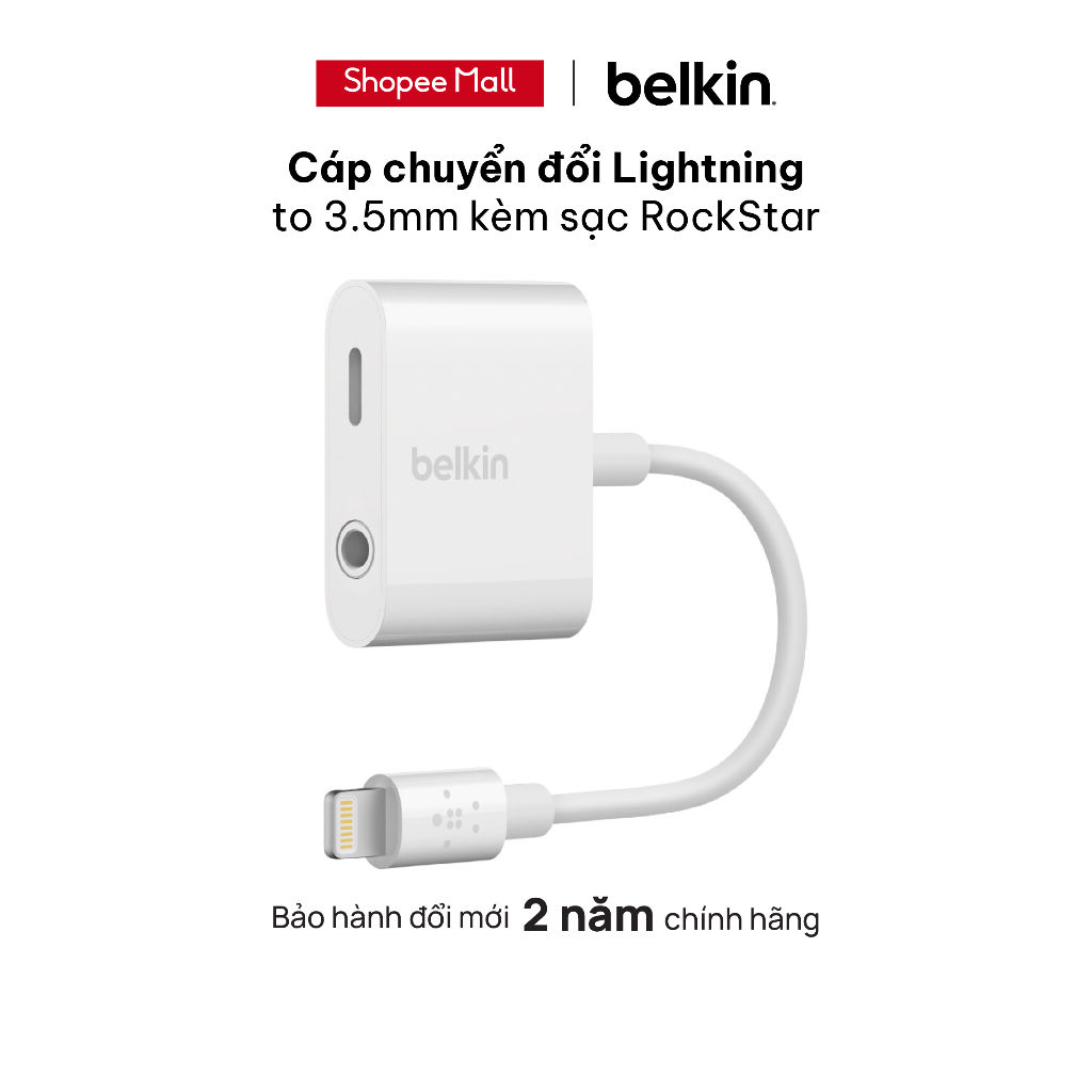 Cáp chuyển đổi Lightning sang 3.5mm Audio RockStar Belkin thêm cổng sạc Lightning - Hàng chính hãng