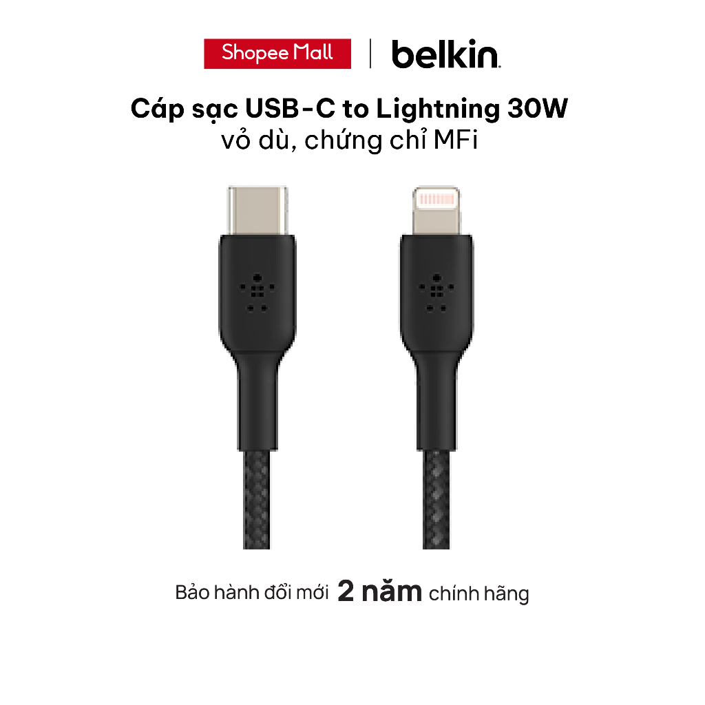 Cáp USB-C to Lightning BOOST CHARGE Belkin vỏ dù, chứng chỉ MFi, sạc nhanh 30W, 1m/ 2m - hàng chính hãng - CAA004bt
