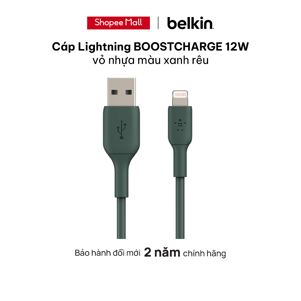 Cáp Lightning BOOST↑CHARGE™ Belkin 12W vỏ nhựa màu xanh rêu - Hàng chính hãng - Bảo hành 2 năm
