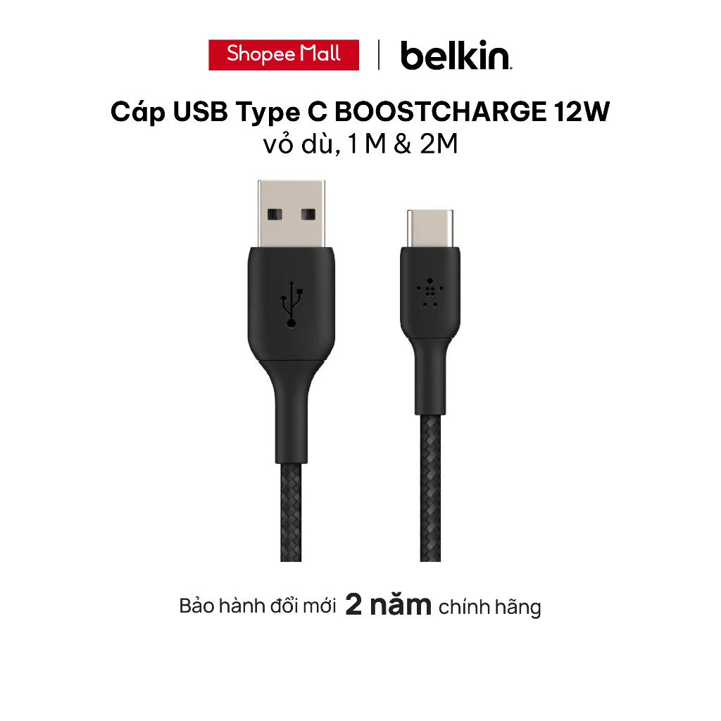 Cáp sạc Belkin USB Type C BOOST CHARGE vỏ dù chứng chỉ USB-IF 12W 1m & 2m - hàng chính hãng