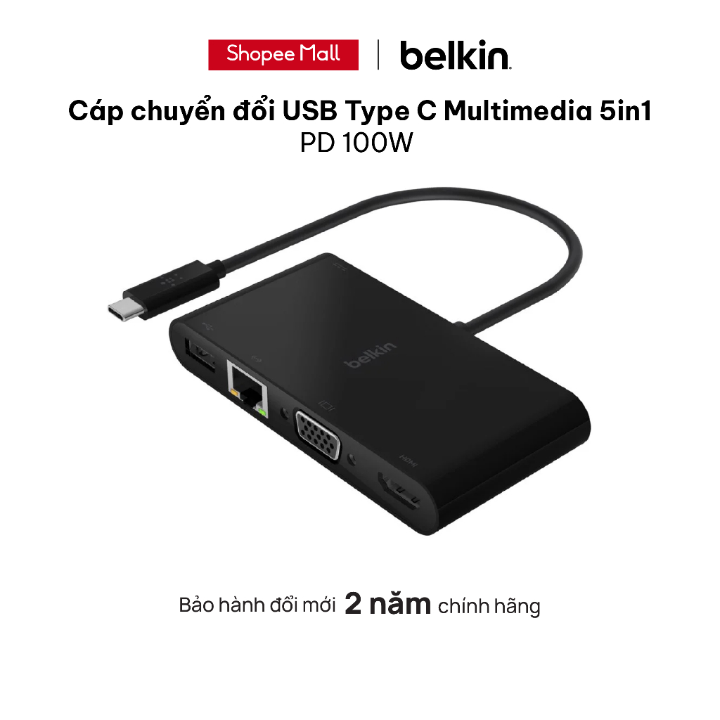 Cáp chuyển đổi USB Type C Multimedia 5in1 Belkin sạc PD 100W BH chính hãng 2 năm