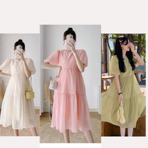 Đầm bầu babadoll ViBa [VB05] màu hồng, kem, cốm vải tơ 3 tầng