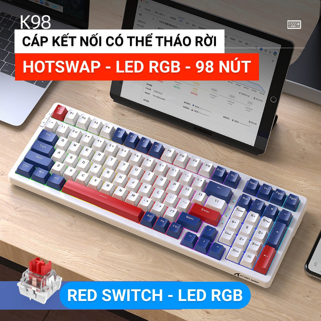 Bàn Phím Cơ K98 Redswich Led RGB 18 Hiệu Ứng Led Dây Có Thể Tháo Rời ...