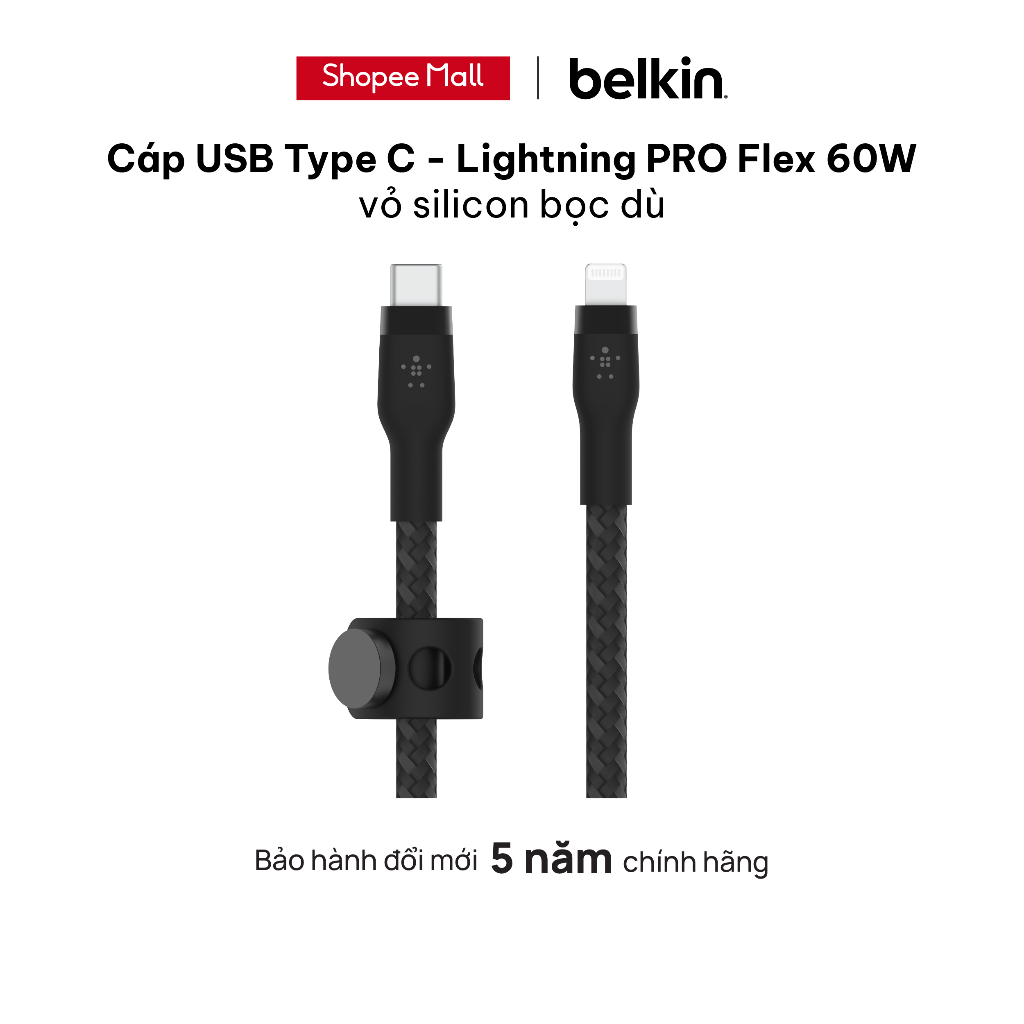 Cáp sạc USB Type C - Lightning BOOSTCHARGE PRO Flex Belkin vỏ silicone bọc dù 60W - Bảo hành 5 năm - CAA011bt