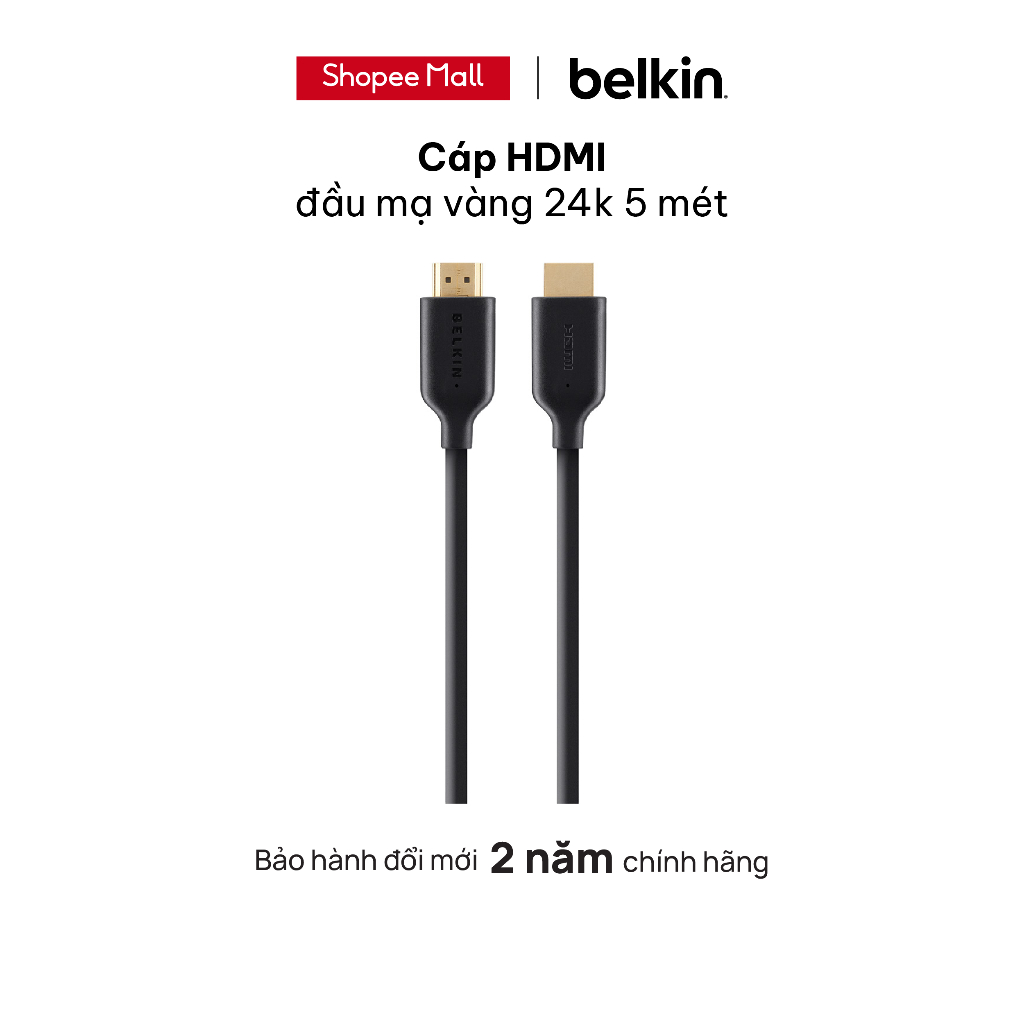 Cáp HDMI Belkin đầu mạ vàng 24k 5 mét - Hàng Chính Hãng - BH 2 Năm - F3Y021bt