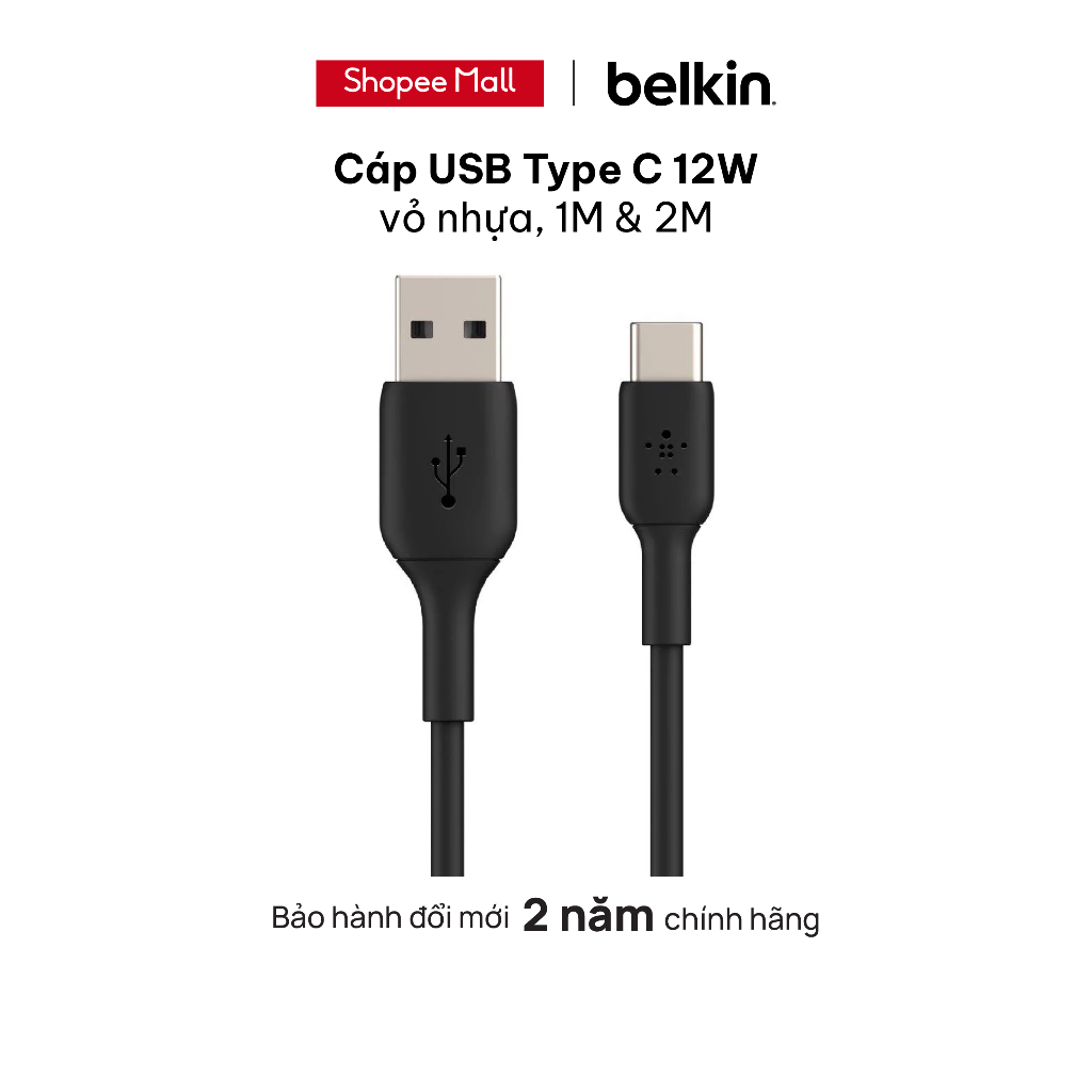 Cáp USB Type C BOOST↑CHARGE™ Belkin 12W vỏ nhựa, chứng chỉ USB-IF, 1m & 2m - CAB001bt - Hàng Chính Hãng - BH 2 Năm
