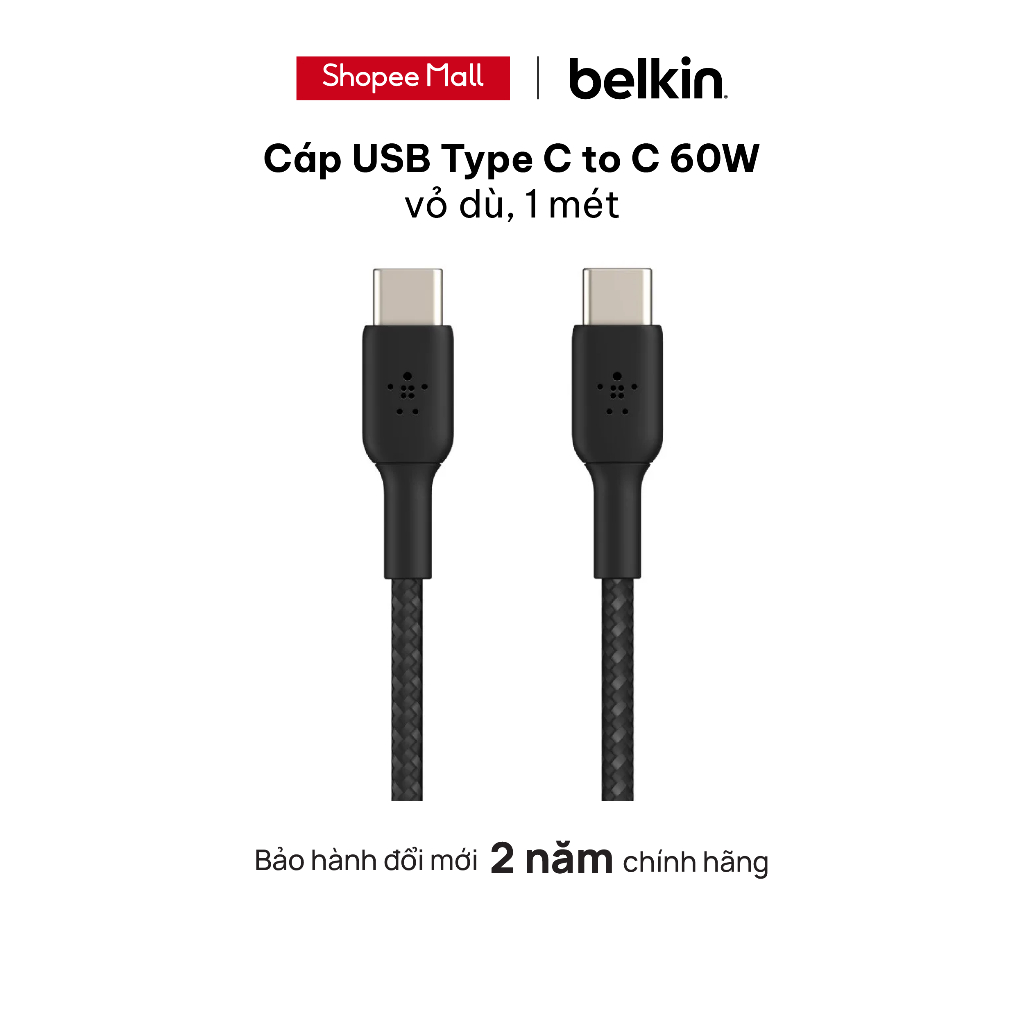 Cáp USB Type C to USB Type C BOOST↑CHARGE™ Belkin vỏ dù, 1 mét, 60W - Hàng Chính Hãng - BH 2 Năm Đổi Mới - CAB004bt