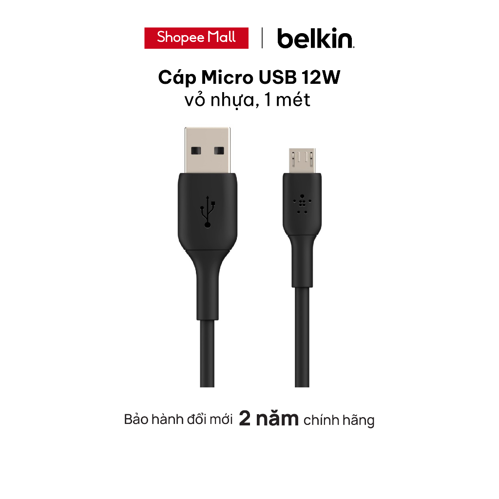 Cáp Micro USB Belkin vỏ nhựa 12W 1 mét - Hàng chính hãng