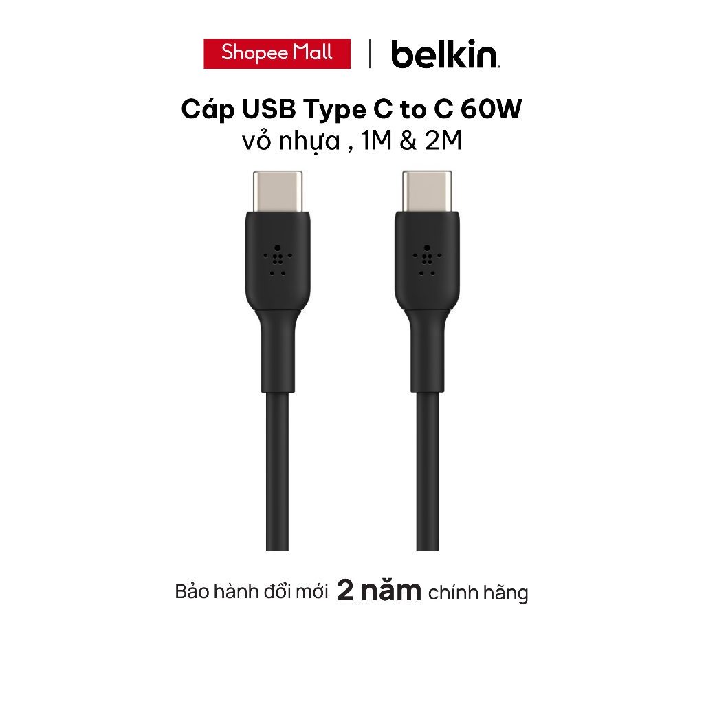 Cáp USB Type C to USB Type C BOOST↑CHARGE™ Belkin vỏ nhựa 60W, 1M & 2M - Hàng Chính Hãng - CAB003bt