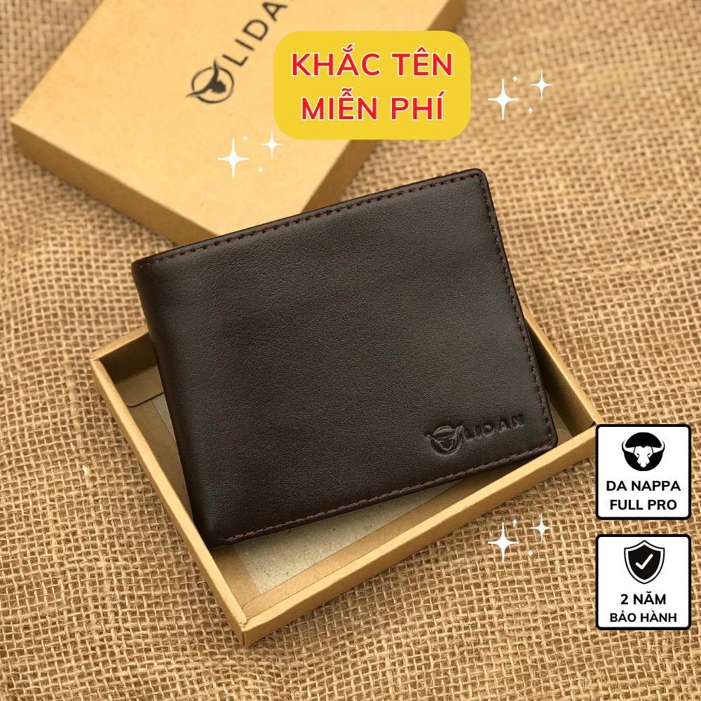 Ví nam cao cấp khắc tên theo yêu cầu LIDAN, bóp nam ngang da bò thật có hộp vintage kèm thiệp làm quà tặng bạn trai LD3