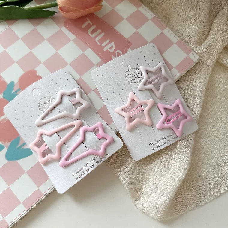 Set Vỉ 3 Kẹp Tóc Mái Hình Trái Tim/Ngôi Sao Màu Hồng Phong Cách Hàn Quốc Phụ Kiện Tóc Nữ và Bé Gái