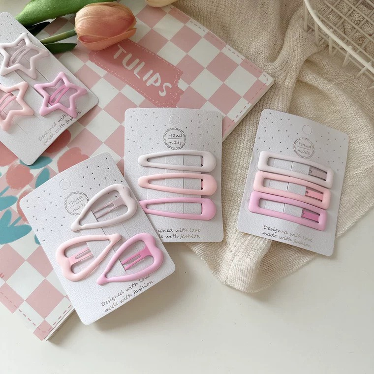 Set Vỉ 3 Kẹp Tóc Mái Hình Trái Tim/Ngôi Sao Màu Hồng Phong Cách Hàn Quốc Phụ Kiện Tóc Nữ và Bé Gái
