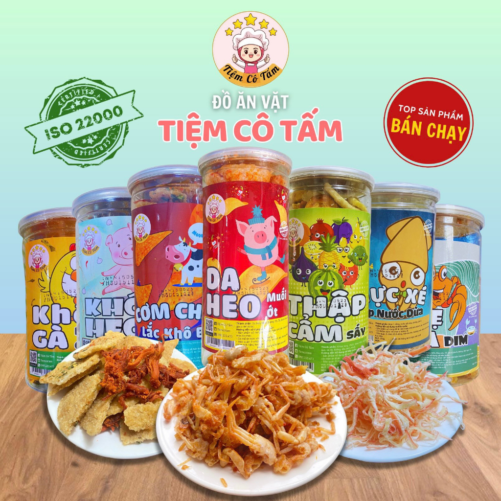 Đồ ăn vặt full box gồm khô gà, khô heo, cơm cháy, da heo, trái cây thập ...