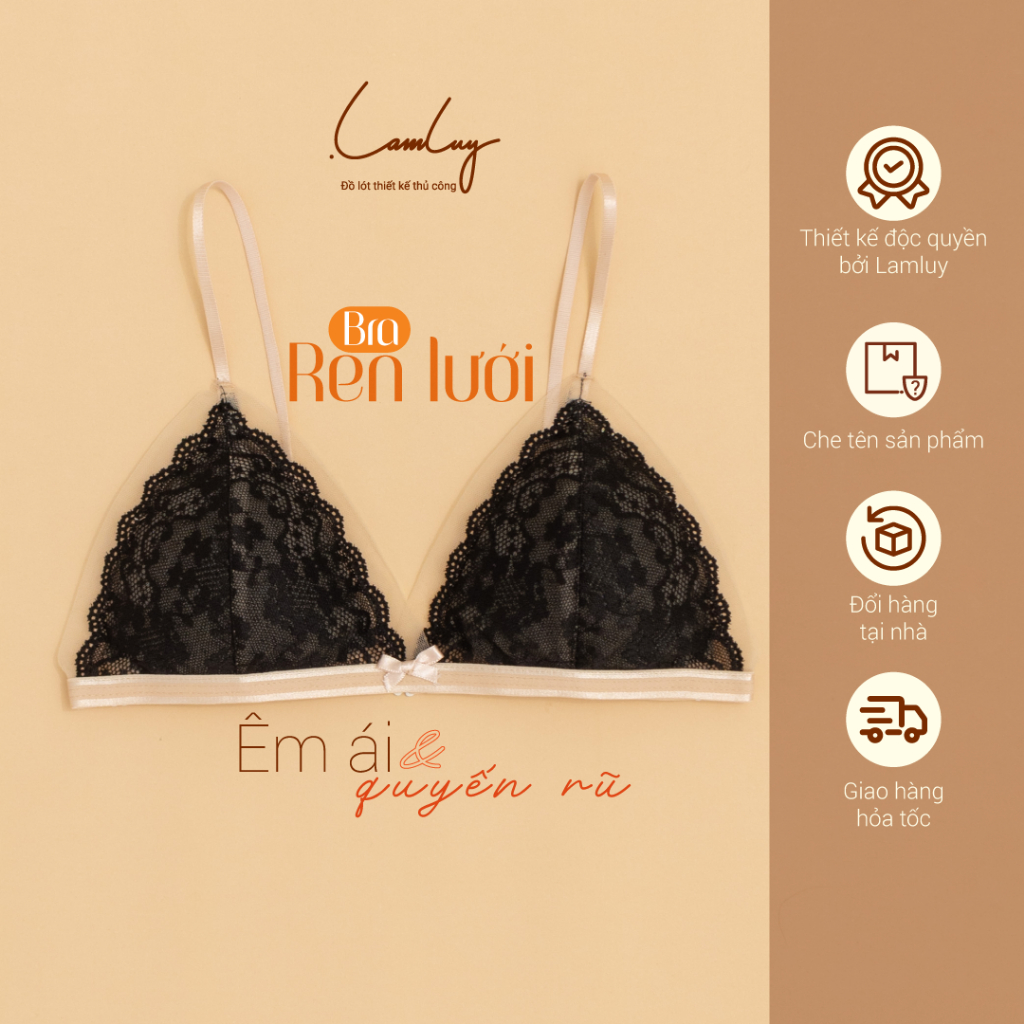 Áo ngực không gọng Lamluy bra mút mỏng màu đen lưới vàng